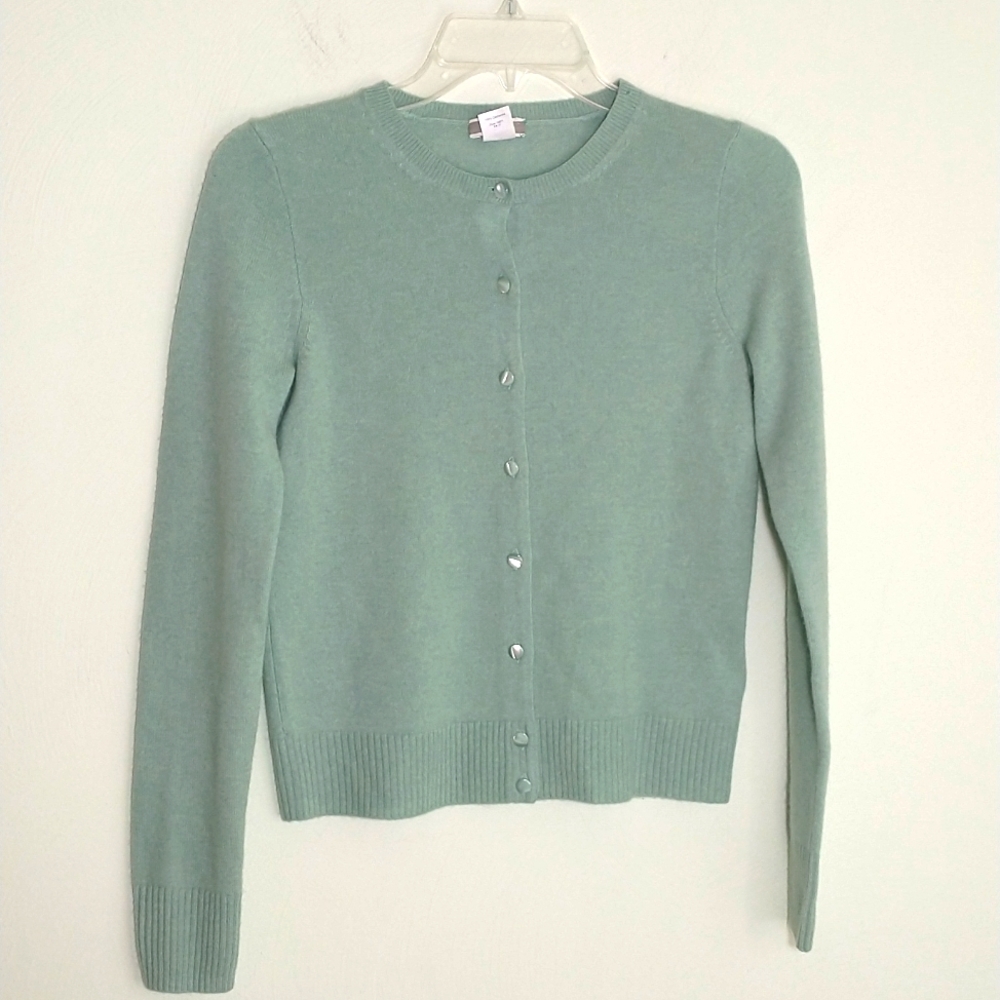 J.Crew 100% cashmere light green button front cardigan sweater women's xs.